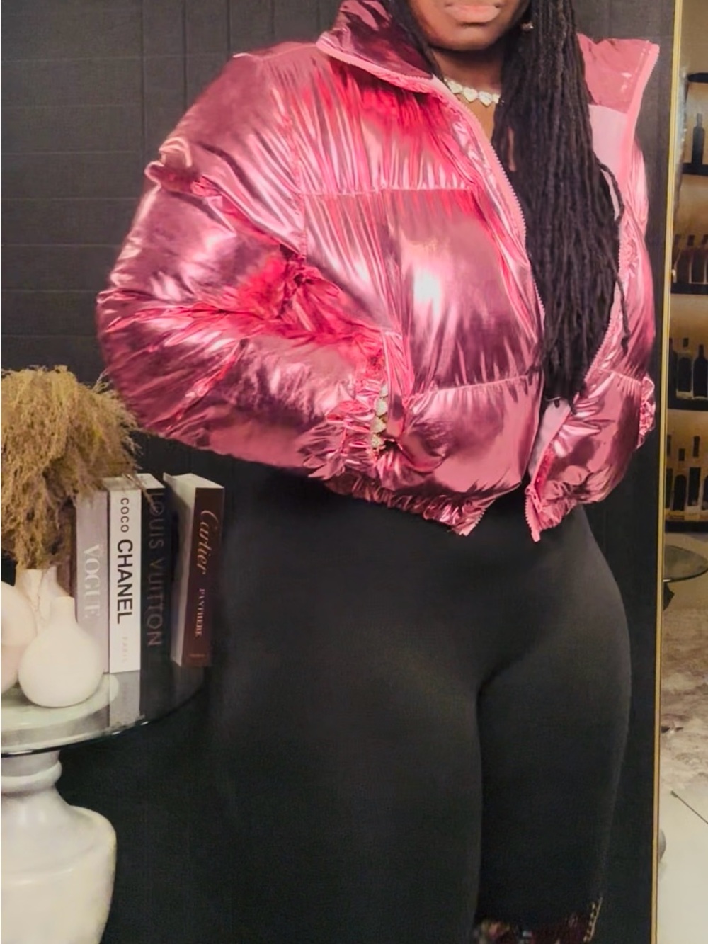 Cropped Metallic Pink Puffer Jacket - Women's